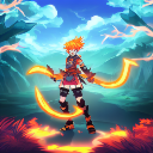Orange-haired warrior portrait, wielding a glowing sword amidst a mystical forest, with dragons and magic runes in the background.