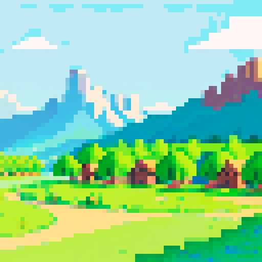 Grassy plain with village, bright sunlight, trees and mountains in background