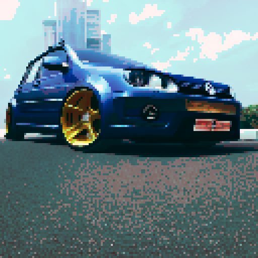 Drifting Volkswagen Golf Mk2, surrounded by towering skyscrapers and a vibrant cityscape, all rendered in a dynamic anime style.