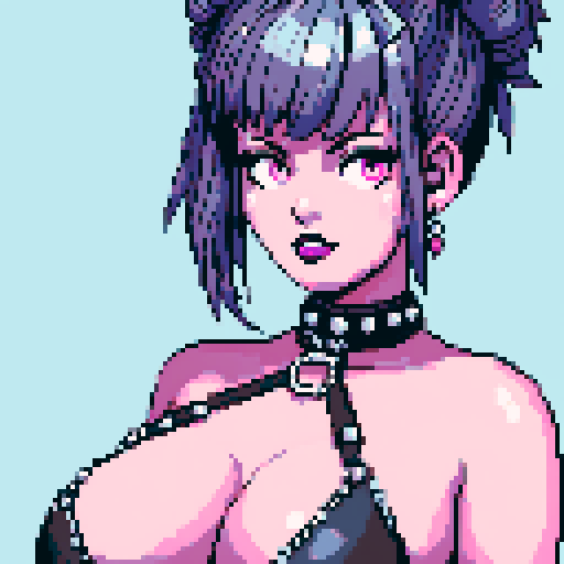 curvy, busty cute goth babe with studded collar, big titty goth wearing studded leather halter top. Large breasts. hair in buns. close up portrait, pixel art, sRGB