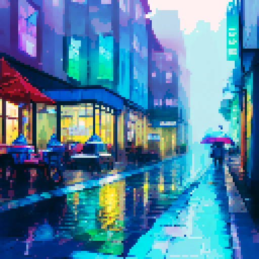 colorful umbrellas, wet cobblestone streets, towering skyscrapers, shimmering reflections in puddles, misty neon lights, people huddled under awnings, rain-soaked flowers, silhouettes of city dwellers with umbrellas, cascading water droplets on windows, a foggy skyline