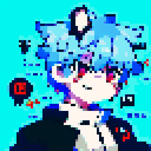 Bright-eyed anime character with spiky hair and a mischievous smile, portrayed in a pixel art style with a close-up portrait that highlights the intricate details of their outfit and accessories.
