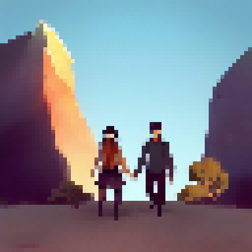 Man in round glasses and woman with long black hair pose in front of the majestic pyramids, their silhouettes casting long shadows in the desert landscape.