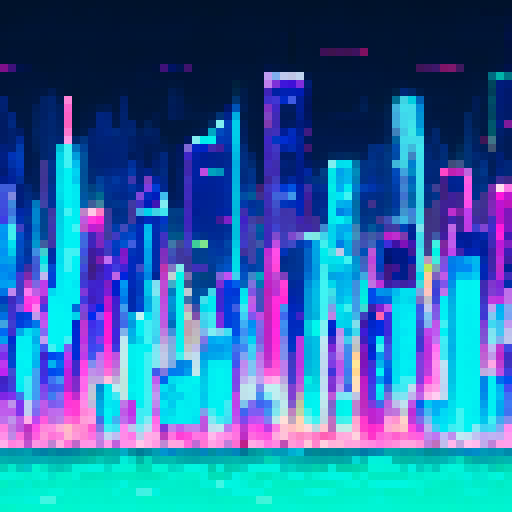 Glowing crystal skyscrapers towering over a neon-lit street, bustling with flying vehicles and holographic billboards in a pixelated cyberpunk cityscape
