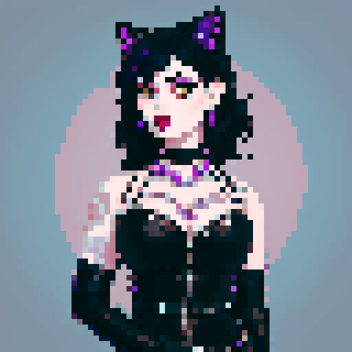 curvy, cute busty greaser goth girl's face, goth cat girl, whole head portrait, black hair, purple eyeshadow, red lipstick, low cut black studded leather halter top, studded collar, game avatar portrait, vibrant sRGB colors