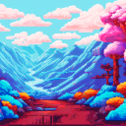 forest scene, with trees and rocks, cheery blossoms and pine trees, mountains in the background falling leaves