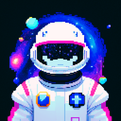 space traveler in vibrant pixel art white spacesuit, with a helmet showcasing a reflective visor, surrounded by swirling galaxies, twinkling stars, and celestial wonders, all rendered in space colorful palette.
