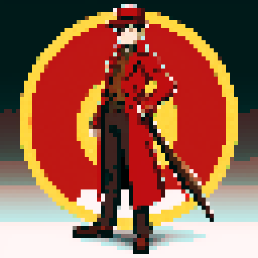 steampunk young man, red coat, red hat, 2D game stance, pixel art, sRGB