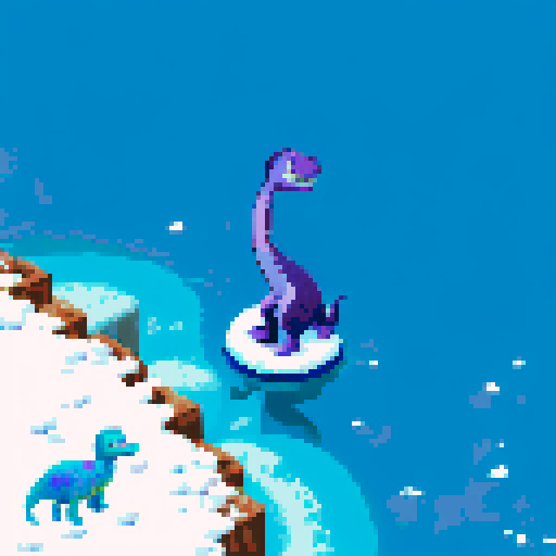 Large purple smiling loch ness dinosaur, frozen lake, winter, monkey on top