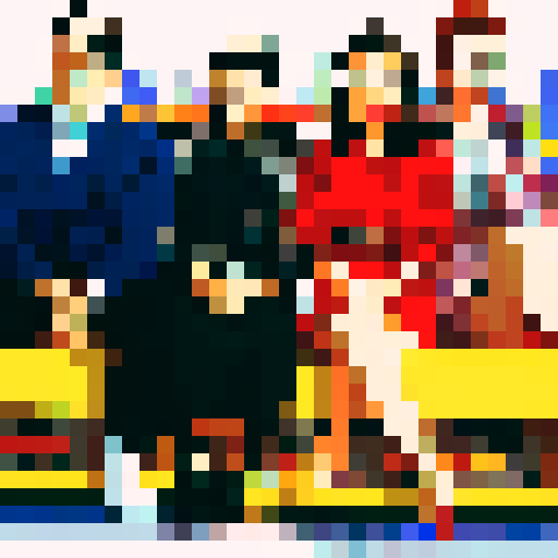 seinfeld cast, vibrant colors, pixelated characters, iconic hairstyles, quirky expressions, retro TV set, New York City backdrop, 90s fashion, sitcom humor, energetic poses, pixel art, sRGB