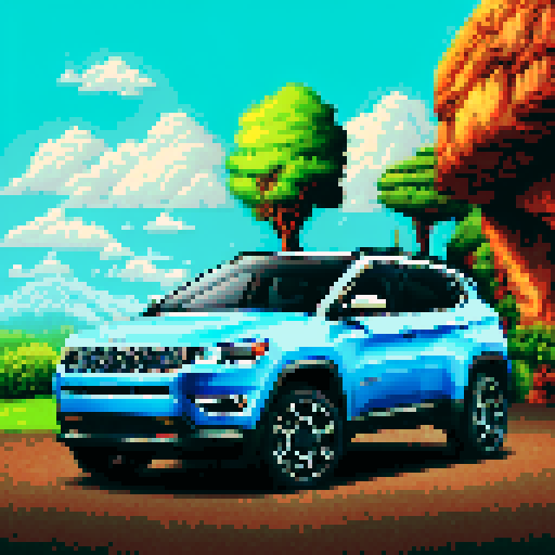 Photorealistic, centered Jeep Compass in a three quarter view, right wheel in front, clean background, pixel art style with sRGB colors