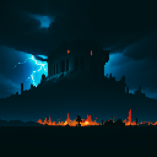 dark background, hellish background, black and blue colors, night, ruins, storm clouds, storming, lightning