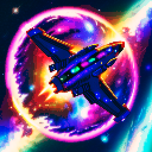 spaceship, sideview, vibrant galaxy, swirling nebulas, twinkling stars, pixel art, srgb