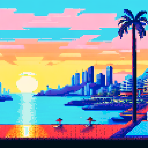Monaco skyline at sunset, towering palm trees, sparkling ocean, grandstands filled with spectators cheering on their favorite racer, all depicted in retro pixel art style with a muted sRGB color palette