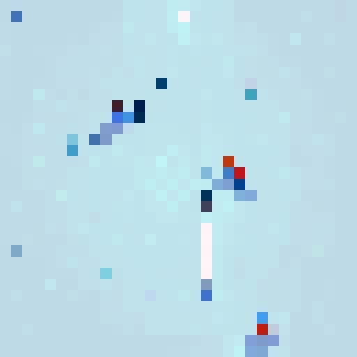 Perspective from high above looking down at the ground. Person walking to snow rover on snowy landscape