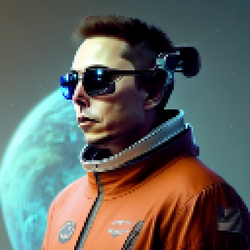 Futuristic, cyberpunk-style portrait of tech mogul Elon Musk featuring a reflective visor, circuit board patterns, and a hovering Tesla Roadster.