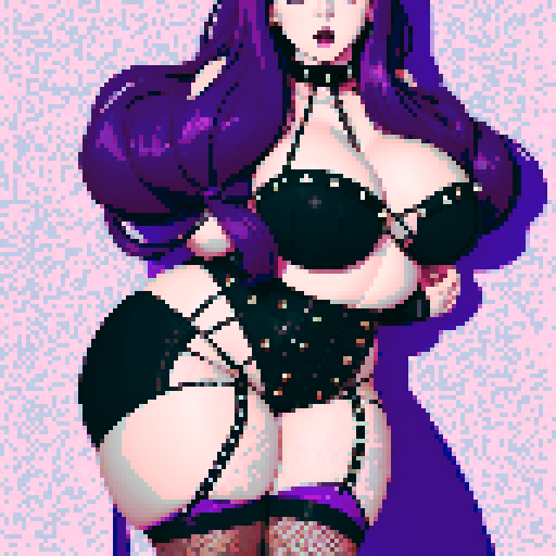 Nude portrait of thicc, curvy, and busty goth babe with studded collar, long purple hair in buns, fishnet stockings, studded halter top, sRGB color