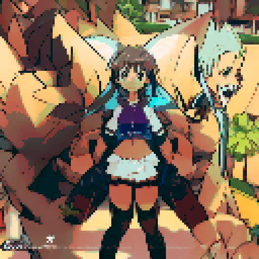 Double ponytail-clad beach babe rocks a bold, bright swimsuit with an attention-grabbing tropical print against a backdrop of crashing waves and palm trees, all rendered in vibrant anime style.