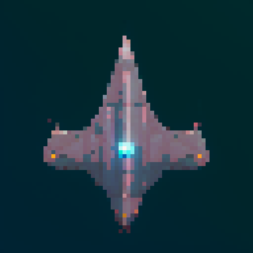 a  pure 2d sprite for a space game. a top down view of a triangular spaceship all by itself  ,style of the 80s. The spaceship should not have any shadows.