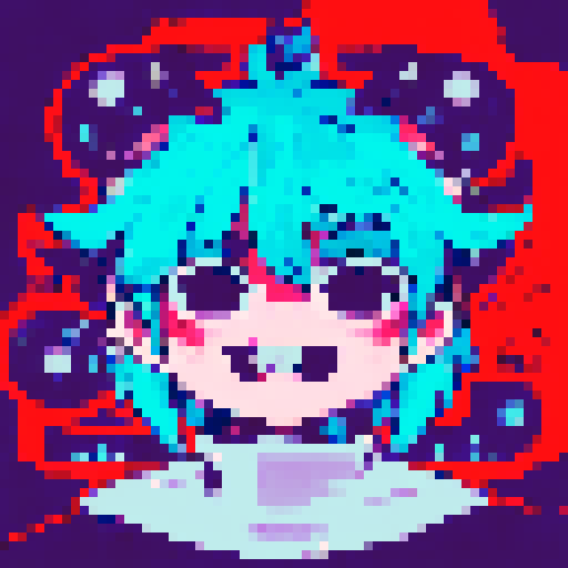 cute character with big, expressive eyes, long blue hair, vibrant neon colors, pixel art aesthetic, futuristic cityscape filled with towering skyscrapers and holographic billboards, glowing neon signs reflecting off rain-soaked streets, characters wearing edgy, futuristic fashion, dramatic lighting casting long shadows, intricate circuitry and glowing cybernetic, landscape portrait