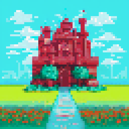 Leaves and blossoms intertwine in a vibrant textile pattern, set against an ancient building with a serene green pastel backdrop, all rendered in pixel art with a sweeping landscape background