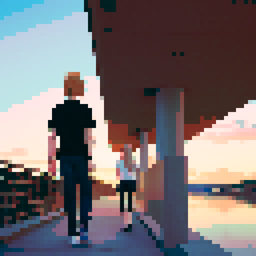 Generate an image of a young couple standing on a bridge at sunset, viewed from behind. The woman has long blonde hair, covered by a black hood, and is wearing a black shirt with the bottom tied at the waist and low-rise black jeans. She has visible tattoos: a simple line drawing of a snake on her arm, and stars and a cartoonish character on her lower back. The man has his t-shirt pulled over his head revealing his back, and is wearing blue and white basketball shorts. He has multiple tattoos: m