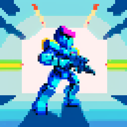 armour, pistol, pixel art, sRGB, vibrant colors, intricate details, retro aesthetics, blocky shapes, high contrast, sharp lines, metallic sheen, futuristic design, glowing highlights, dynamic poses, action-packed scene, dramatic lighting