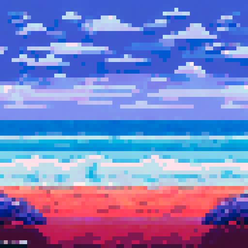 ocean waves crashing, vibrant blue hues, pixelated ripples, sandy beach, rocky shoreline, seagulls flying, distant horizon, tranquil atmosphere, top down,