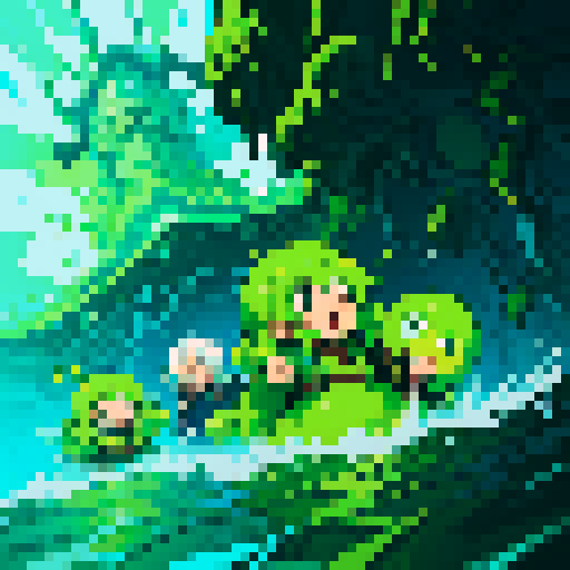 tidal wave of thick slime, thick gooy slime, heroes drowning in slime, slime surrounding heroes, heroes sinking into slime