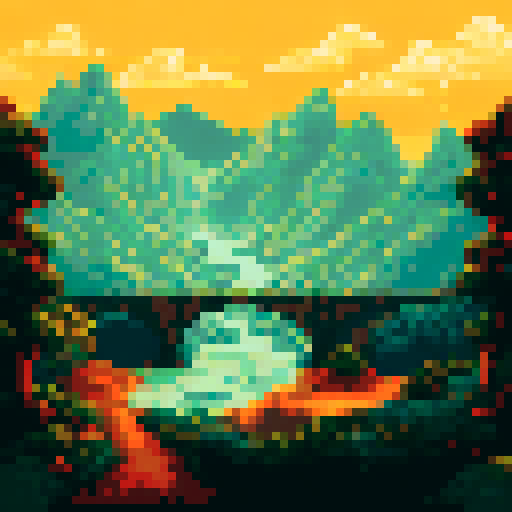 paper scroll, aged and weathered, unfurled and revealing an ancient map, intricately drawn with faded ink and delicate calligraphy, depicting a mythical landscape of towering mountains, lush forests, and winding rivers, all rendered in vibrant pixel art with a rich sRGB color palette, against a backdrop of a golden sunset casting a warm glow over the picturesque scene