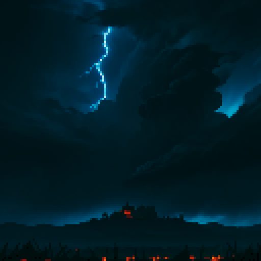 dark background, hellish background, black and blue colors, night, ruins, storm clouds, storming, lightning