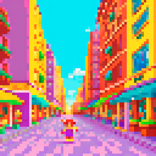 hello, a vibrant and colorful pixel art depiction of a lively cityscape with towering buildings and bustling streets, capturing the essence of sRGB