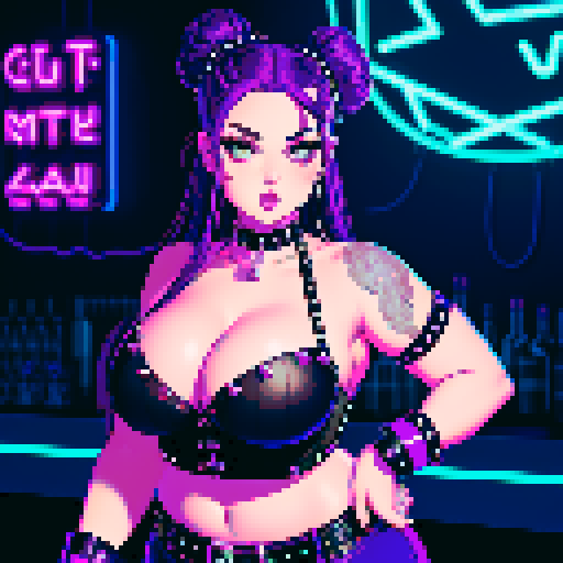 Portrait of Thicc, curvy, busty goth babe with studded collar, long purple hair in buns, fishnet stockings, studded halter top, bartending at nightclub, neon signage. pixel art, sRGB.