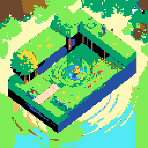 yellow duck in a pond, surrounded by lush greenery and reflecting sunlight in a serene pond with shimmering ripples and pixelated waves, creating a tranquil atmosphere in a picturesque landscape with vibrant colors using intricate pixel art in the sRGB palette