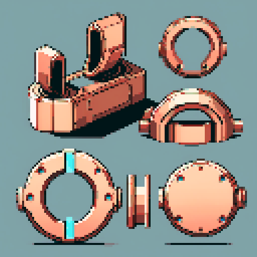 I want a horizontally wide circular copper attachment port. It should be viewed directly from the side. I want this object usable an asset in a videogame, meaning only one object per image, outlined with a strong black stroke, on a solid-color background. 