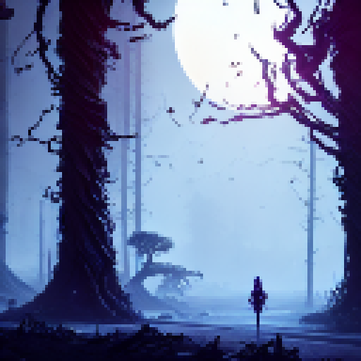 Moonlight illuminates a twisted skeleton tree, its gnarled branches reaching skyward amidst a mystical forest filled with glowing flora and fauna in a vibrant, ethereal Fantasy RPG world.