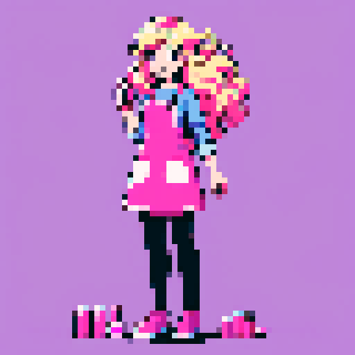 girl with long, wavy, blonde hair, pink apron, holding nail polish bottle, pixel art, sRGB