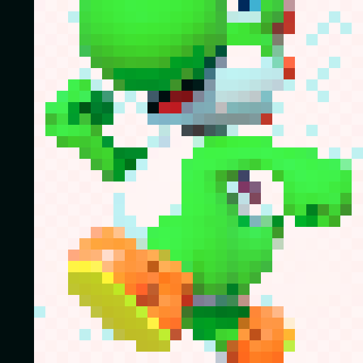 Yoshi, game icon, 32x32 pixel art, sRGB, skill art, close up, portrait, vibrant green, cute,friendly smile animated expression, pixelated shading, bouncy demeanor, playful pose, iconic saddle, whimsical charm