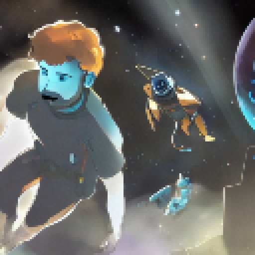 Brown astronaut hovers in the dark space, overlooking the twinkling city lights of Earth below, while a Twitter bird perches on an asteroid and a satellite orbits in the distance; the future is bright with the landscape portrait style.