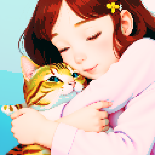 girl in pajamas hugging a cat, children's fairy tale illustration, close-up

