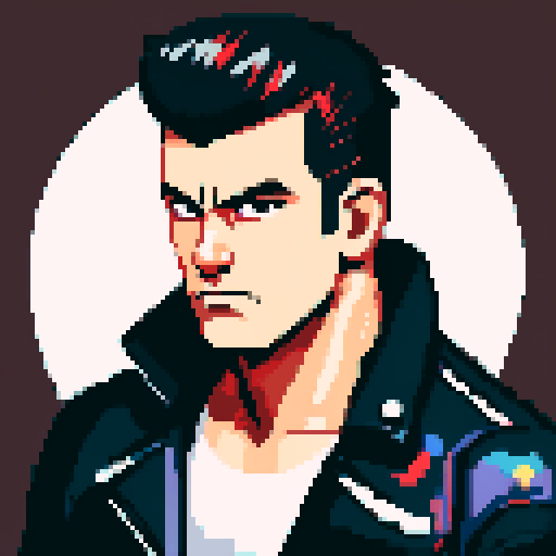 Muscular, tough greaser man with a pompadour hairstyle, wearing a motorcycle jacket, pixel art, sRGB colors, portrait, face avatar