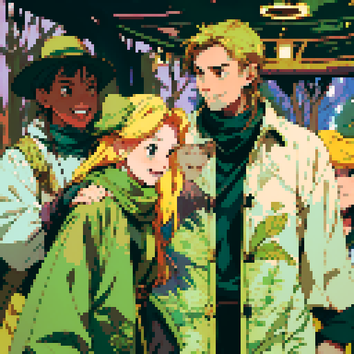adventurers exploring a vibrant and mystical forest, surrounded by towering trees and sparkling streams, capturing their awe-struck expressions with vintage microphones, highlighting their friendly camaraderie through smiles, all depicted in a breathtaking landscape portrait with intricate character designs, showcasing the beauty of pixel art in every meticulously detailed element