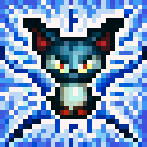 Blue fur, pointy ears, sharp fangs, and tiny claws on a bat boy's cute face with wings spread out in a dynamic pose, ready to fly in a pixel art style reminiscent of classic video game icons