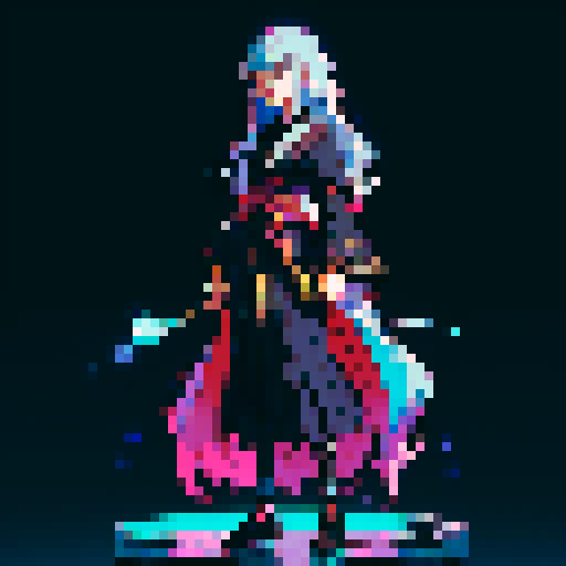 legendary anime girl wizard, floating above the ground, long flowing hair, dark and emo colors, glowing magical staff, intricate and ornate robes, intense and focused expression looking to the right, not wearing shoes, sparkling and shimmering background, sRGB