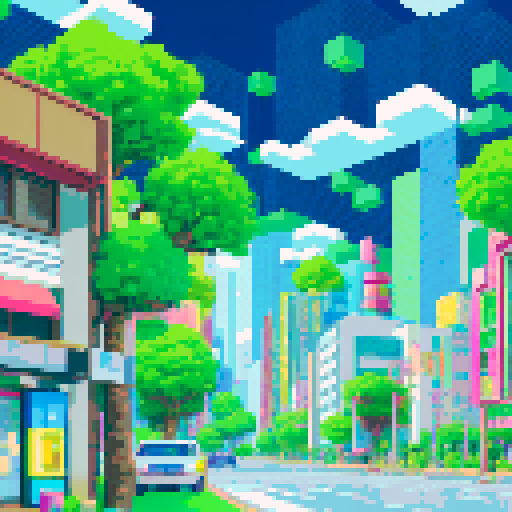 TokiToki City, bustling streets, vibrant skyscrapers, 8-bit cars, sRGB colors, digital art,Mountains,Hyperbolic Time chamber