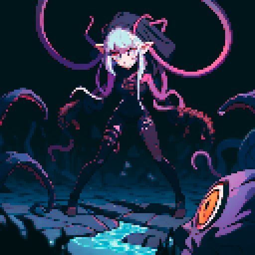 eldritch being, tentacles writhing, full body floating, brain pulsating, many eyes staring, eyeballs bulging, no humans, monsyer, sRGB pixel art