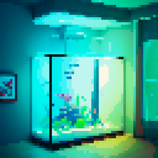 A tall aquarium fish tank in a dim room