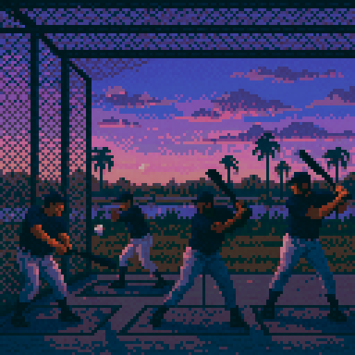 Pixel art of a group of players taking swings in a batting cage with chain-link fencing and concrete. The field beyond is the Florida swamps that are just near spring training. Show players of different builds and stances to hint at diversity of talent. Cool dusk lighting—purples and dusty blues in the sky. Subtle motion blur on the bat or ball for energy.
