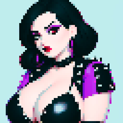 curvy, busty goth, cute goth woman's face, black hair, purple eyeshadow, red lipstick, studded leather string bikini, face portrait, beauty photo, vibrant sRGB colors, pixel art