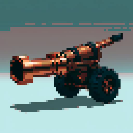 I want a copper minigun viewed from from the side. I want this object usable an asset in a videogame, meaning only one object per image, outlined with a strong black stroke, on a solid-color background.
